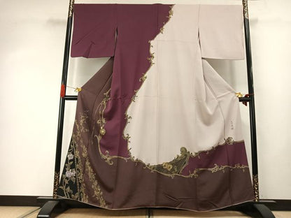 平和屋着物●螺鈿作家　甲斐泰造　訪問着　花唐草文　金彩　正絹　逸品　AABI9459fy