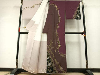 平和屋着物●螺鈿作家　甲斐泰造　訪問着　花唐草文　金彩　正絹　逸品　AABI9459fy