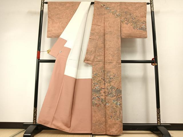 平和屋着物●訪問着　紬地　刺繍　花鳥文　正絹　逸品　AABI9472fy