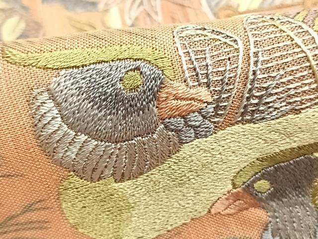 平和屋着物●訪問着　紬地　刺繍　花鳥文　正絹　逸品　AABI9472fy