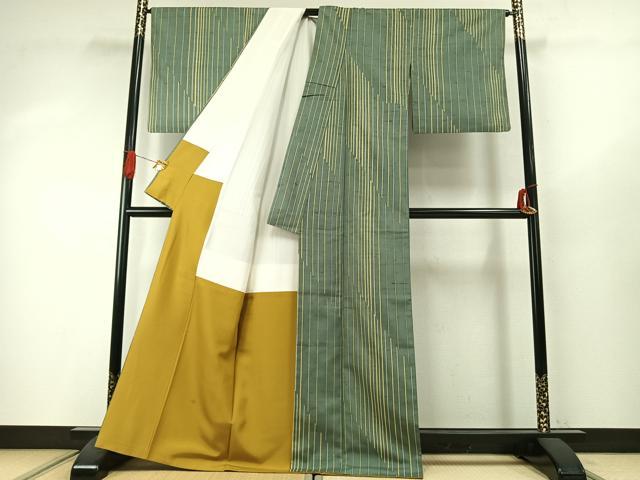 平和屋着物●石川県指定無形文化財　牛首紬　白山工房　手織り　変わり縞　正絹　逸品　AABI9476fy