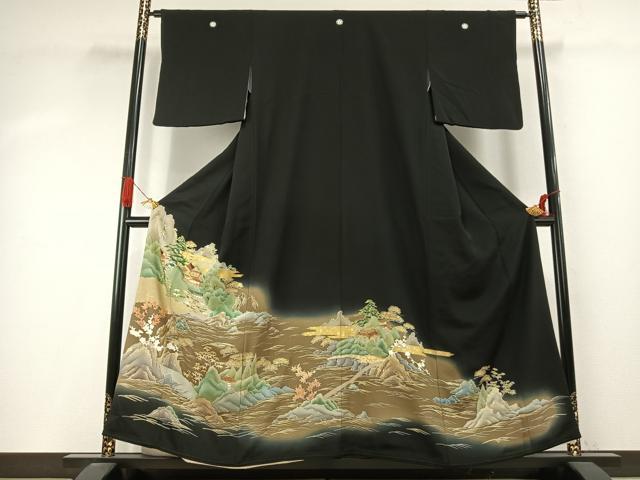 平和屋着物●創業460年・千總　黒留袖　駒刺繍　風景文　暈し染め　金彩　三越扱い　正絹　逸品　AABI9477fy