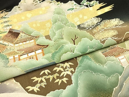 平和屋着物●創業460年・千總　黒留袖　駒刺繍　風景文　暈し染め　金彩　三越扱い　正絹　逸品　AABI9477fy
