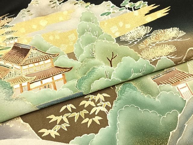 平和屋着物●創業460年・千總　黒留袖　駒刺繍　風景文　暈し染め　金彩　三越扱い　正絹　逸品　AABI9477fy