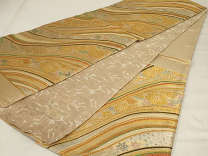 平和屋着物◎佐賀錦　六通柄袋帯　流水草花文　金糸　正絹　逸品　AABI9481ou