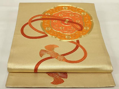 平和屋着物◎太鼓柄袋帯 駒刺繍 鏡裏花文 金糸 正絹 逸品 AABI9502ou
