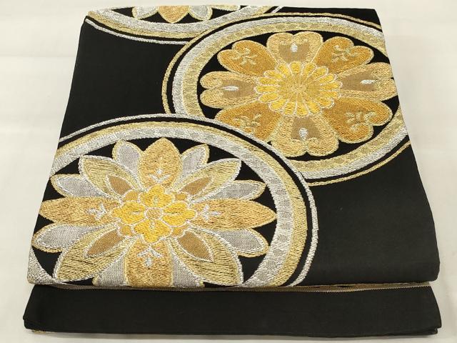 平和屋着物◎六通柄袋帯 花丸文 黒地 金銀糸 正絹 逸品 AABI9505ou