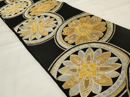 平和屋着物◎六通柄袋帯 花丸文 黒地 金銀糸 正絹 逸品 AABI9505ou