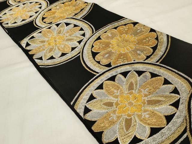 平和屋着物◎六通柄袋帯 花丸文 黒地 金銀糸 正絹 逸品 AABI9505ou