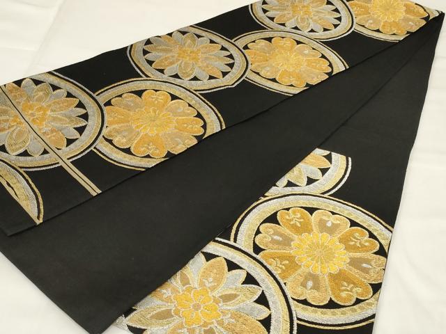 平和屋着物◎六通柄袋帯 花丸文 黒地 金銀糸 正絹 逸品 AABI9505ou