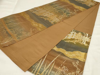 平和屋着物◎六通柄袋帯 風景文 金糸 正絹 逸品 AABI9511ou