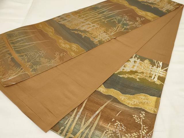 平和屋着物◎六通柄袋帯 風景文 金糸 正絹 逸品 AABI9511ou