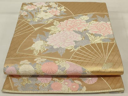 平和屋着物◎六通柄袋帯 扇面花文 金糸 正絹 逸品 AABI9512ou