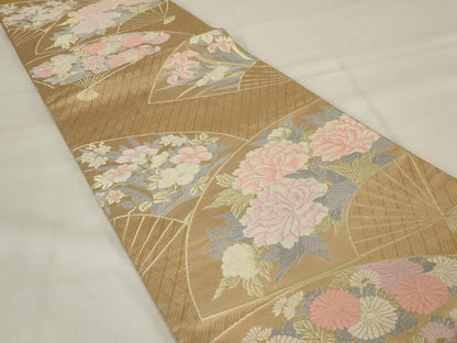 平和屋着物◎六通柄袋帯 扇面花文 金糸 正絹 逸品 AABI9512ou