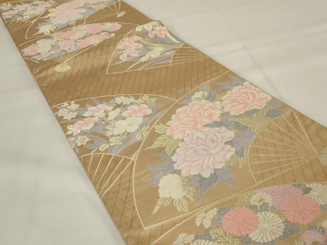 平和屋着物◎六通柄袋帯 扇面花文 金糸 正絹 逸品 AABI9512ou