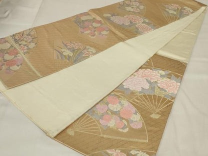 平和屋着物◎六通柄袋帯 扇面花文 金糸 正絹 逸品 AABI9512ou