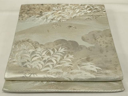 平和屋着物◎六通柄袋帯 雲取り草花文 銀糸 正絹 逸品 AABI9513ou