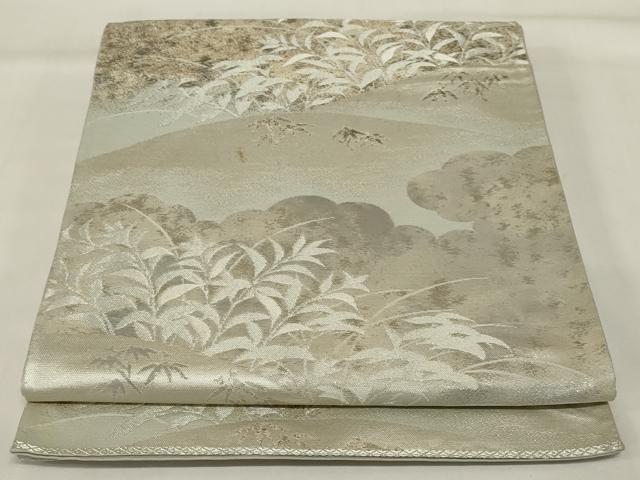 平和屋着物◎六通柄袋帯 雲取り草花文 銀糸 正絹 逸品 AABI9513ou