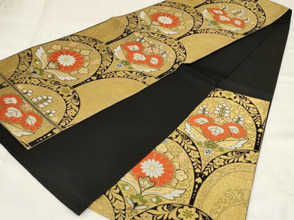 平和屋着物◎六通柄袋帯 唐織 花桐文 黒地 銀糸 正絹 逸品 AABI9516ou