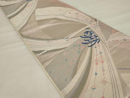 平和屋着物◎六通柄袋帯 唐織 幾何学文様 銀糸 正絹 逸品 AABI9519ou