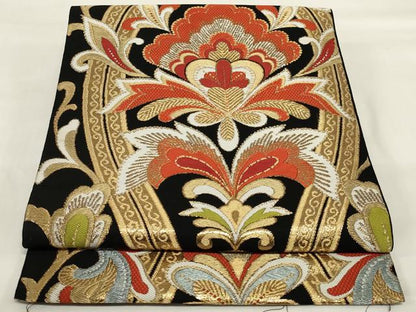 平和屋着物◎六通柄袋帯 都錦 更紗花文 黒地 金糸 正絹 逸品 AABI9520ou