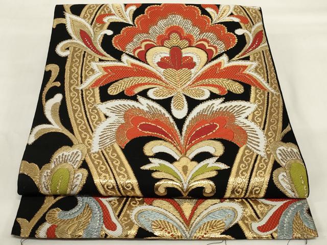 平和屋着物◎六通柄袋帯 都錦 更紗花文 黒地 金糸 正絹 逸品 AABI9520ou