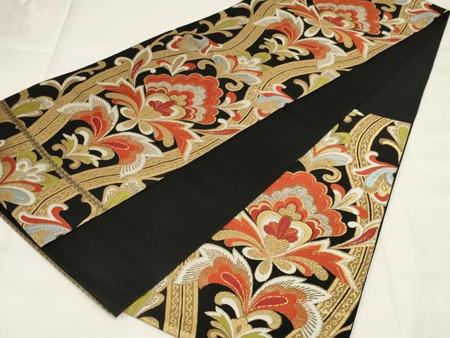 平和屋着物◎六通柄袋帯 都錦 更紗花文 黒地 金糸 正絹 逸品 AABI9520ou