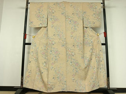 平和屋着物▽上質な小紋　単衣　友禅　枝花文　正絹　逸品　AABI9524jh
