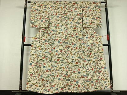 平和屋着物▽上質な小紋　単衣　型染め　花蝶文　正絹　逸品　AABI9527jh