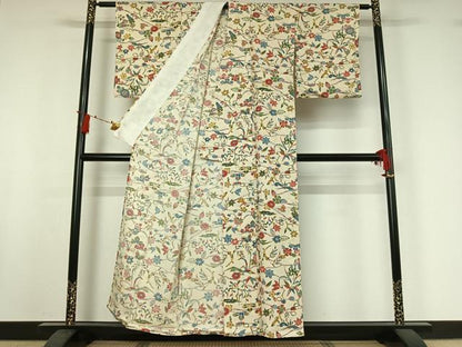 平和屋着物▽上質な小紋　単衣　型染め　花蝶文　正絹　逸品　AABI9527jh