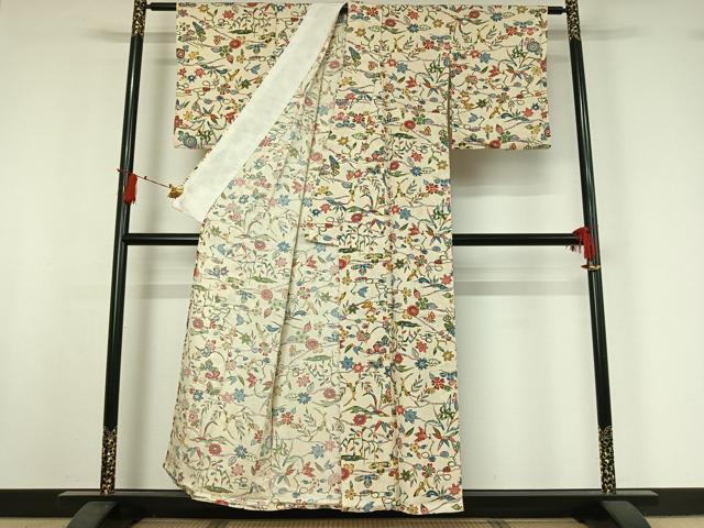 平和屋着物▽上質な小紋　単衣　型染め　花蝶文　正絹　逸品　AABI9527jh