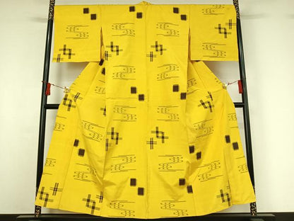 平和屋着物▽上質な紬　単衣　琉球絣　正絹　逸品　AABI9528jh