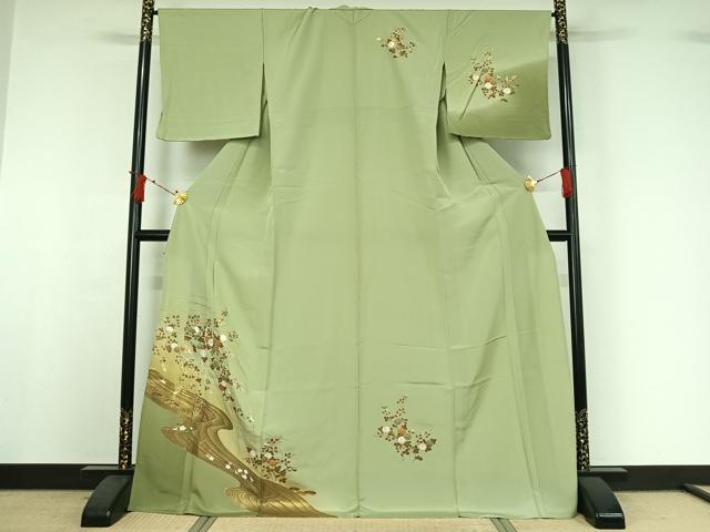 平和屋着物▽訪問着　単衣　流水花文　暈し染め　金彩　ロング丈　正絹　逸品　AABI9529jh