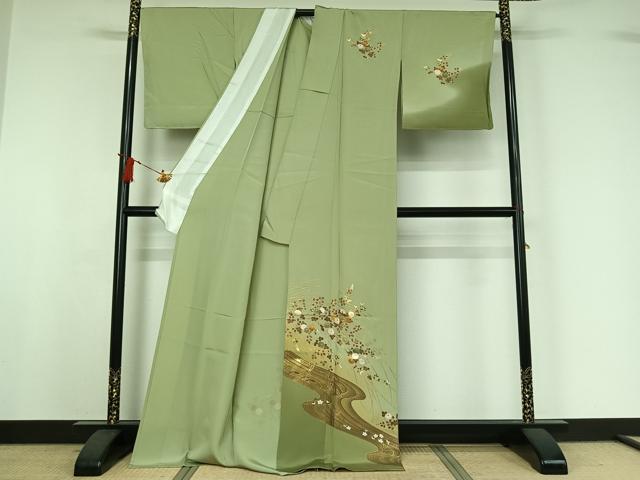 平和屋着物▽訪問着　単衣　流水花文　暈し染め　金彩　ロング丈　正絹　逸品　AABI9529jh