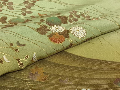 平和屋着物▽訪問着　単衣　流水花文　暈し染め　金彩　ロング丈　正絹　逸品　AABI9529jh