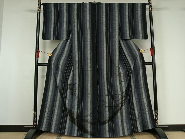 平和屋着物▽上質な紬　単衣　縞　正絹　逸品　AABI9532jh