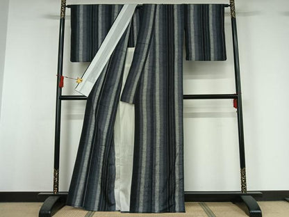 平和屋着物▽上質な紬　単衣　縞　正絹　逸品　AABI9532jh