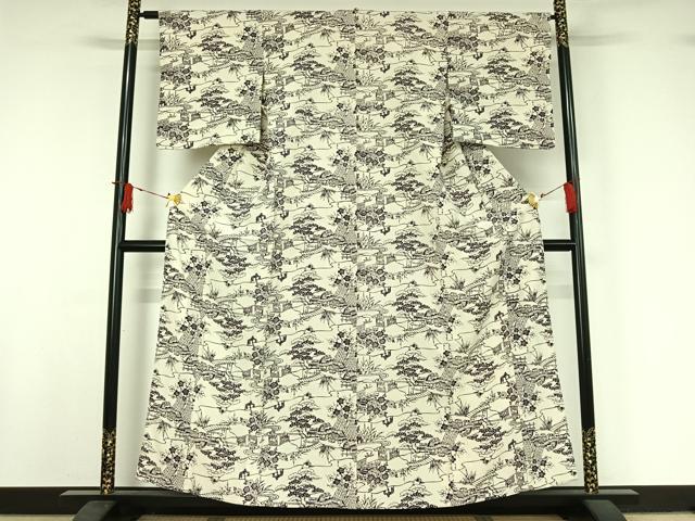 平和屋着物▽上質な小紋　単衣　紬地　型染め　風景花文　正絹　逸品　AABI9536jh