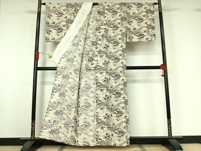 平和屋着物▽上質な小紋　単衣　紬地　型染め　風景花文　正絹　逸品　AABI9536jh