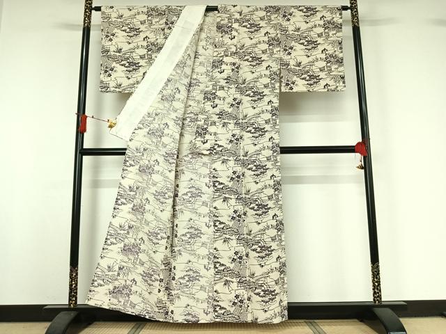 平和屋着物▽上質な小紋　単衣　紬地　型染め　風景花文　正絹　逸品　AABI9536jh