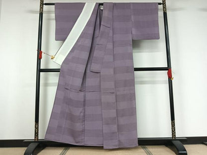平和屋着物▽上質な色無地　単衣　横段地紋　鳩羽色　銀通し地　正絹　逸品　AABI9540jh