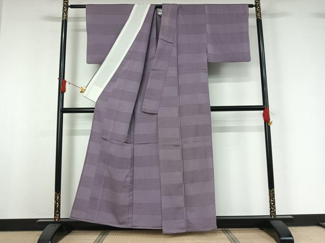 平和屋着物▽上質な色無地　単衣　横段地紋　鳩羽色　銀通し地　正絹　逸品　AABI9540jh