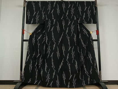 平和屋着物▽上質な小紋　単衣　枝葉文　黒地　正絹　逸品　AABI9545jh