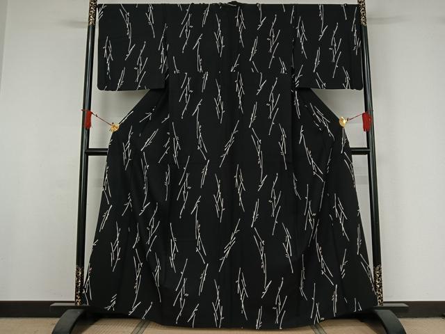 平和屋着物▽上質な小紋　単衣　枝葉文　黒地　正絹　逸品　AABI9545jh