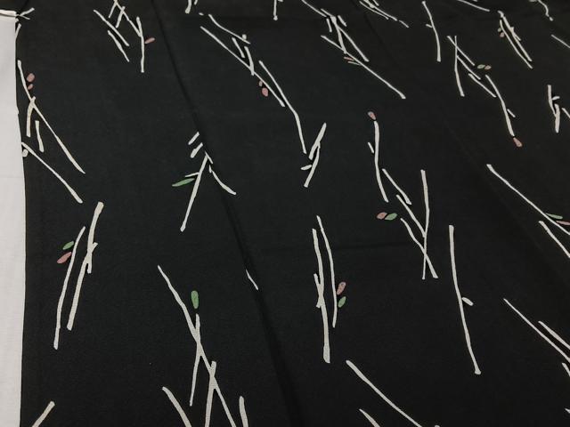 平和屋着物▽上質な小紋　単衣　枝葉文　黒地　正絹　逸品　AABI9545jh