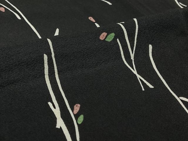 平和屋着物▽上質な小紋　単衣　枝葉文　黒地　正絹　逸品　AABI9545jh