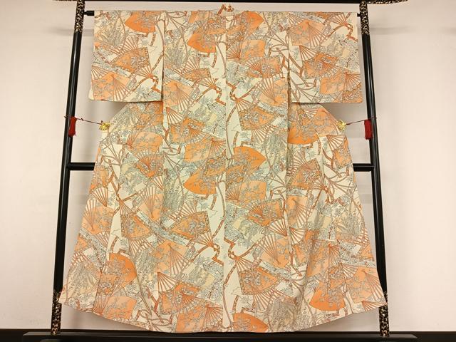 平和屋着物▽上質な小紋　単衣　手描き　扇面花文　正絹　逸品　AABI9547jh