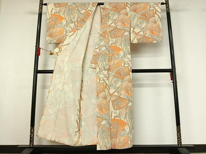平和屋着物▽上質な小紋　単衣　手描き　扇面花文　正絹　逸品　AABI9547jh