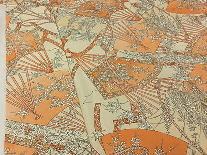 平和屋着物▽上質な小紋　単衣　手描き　扇面花文　正絹　逸品　AABI9547jh