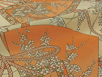 平和屋着物▽上質な小紋　単衣　手描き　扇面花文　正絹　逸品　AABI9547jh